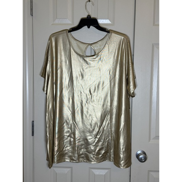 Roaman's Tops - Roaman's Metallic Gold Top Women 3X Gold Excellent Short Sleeve Keyhole Tunic